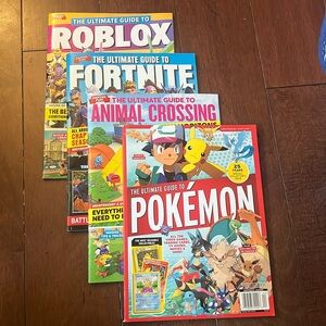 Set of four gaming magazines: Roblox, Fortnite, Animal Crossing, and Pokémon